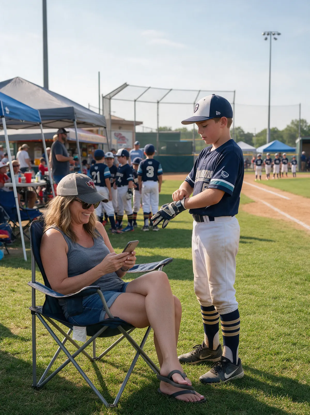 A mom in a camp chair on the sideline looking at her phone while her son pulls on his batting gloves