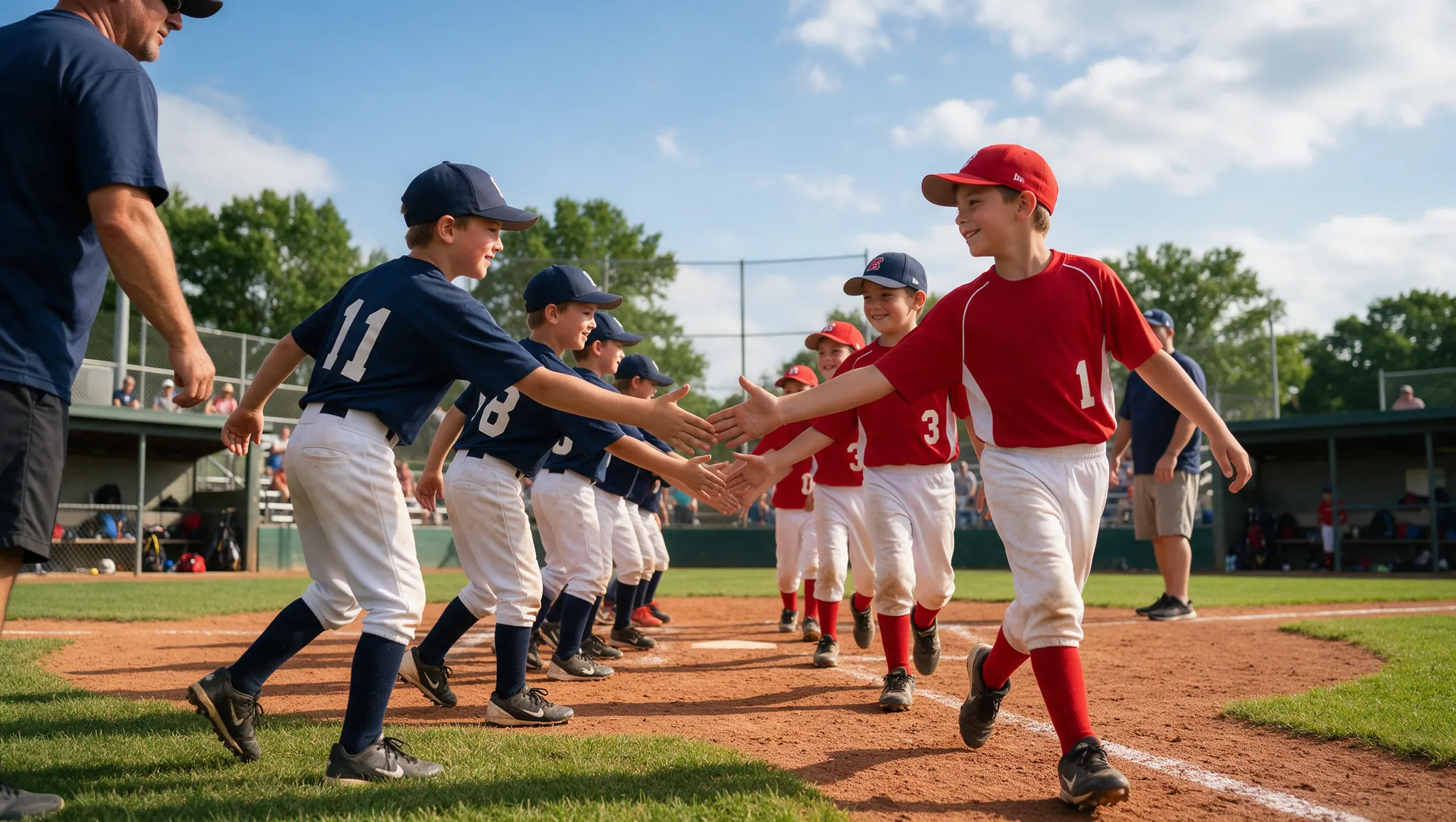 Two youth baseball teams slapping hands in the good-game line after a game