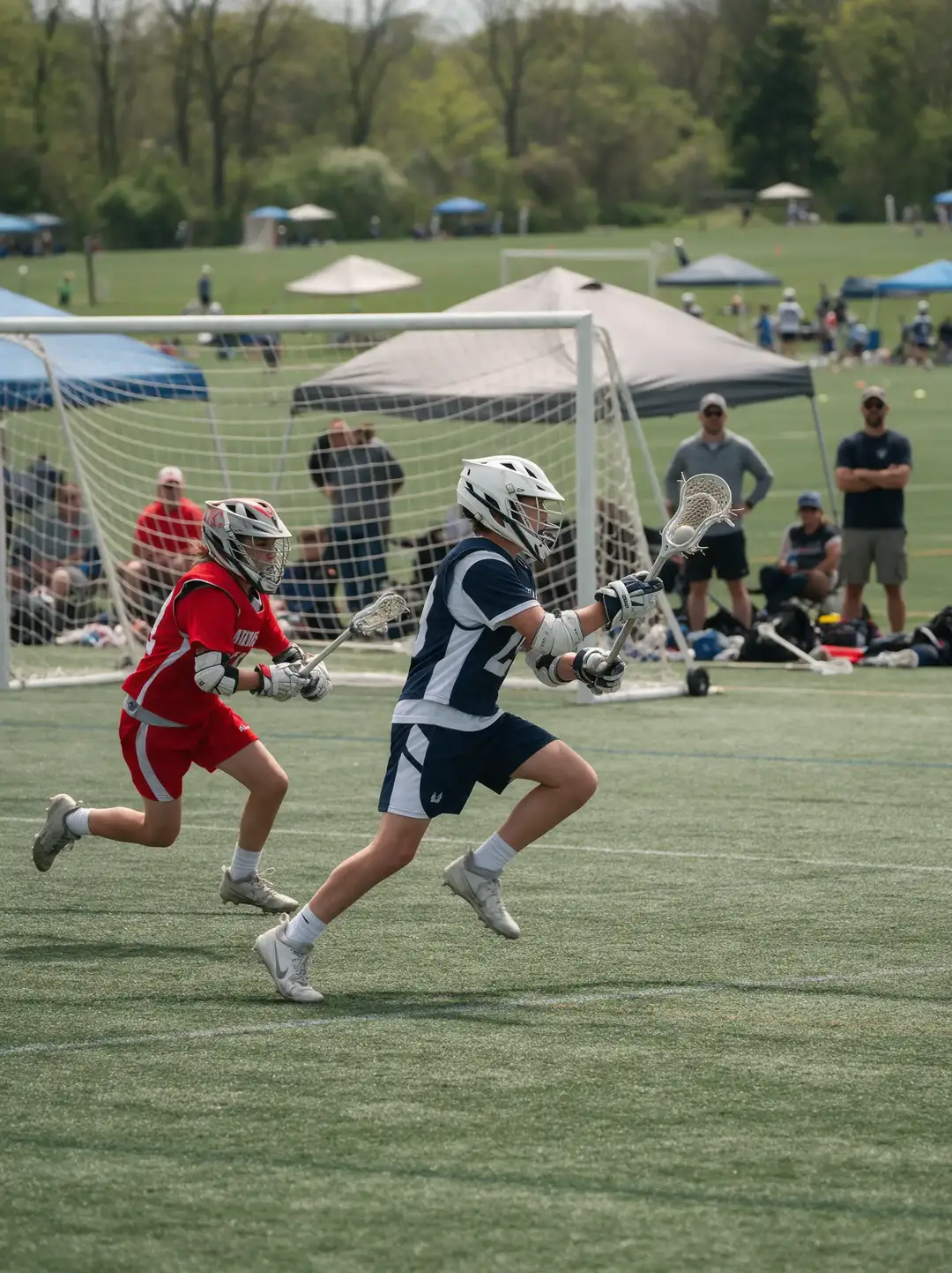 A lacrosse attackman cutting toward the goal past a defender