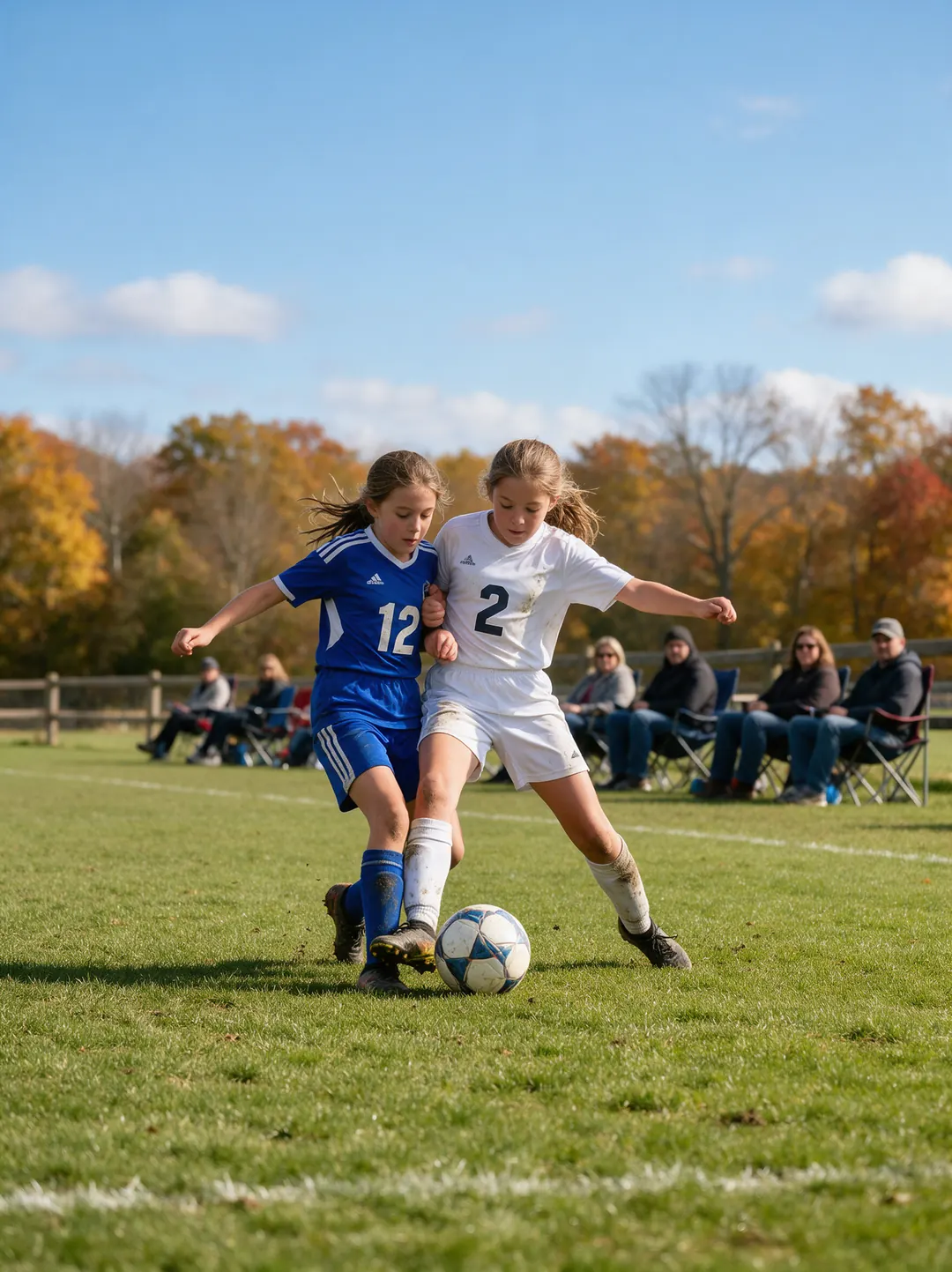 Two girls battling for the ball in a youth soccer game